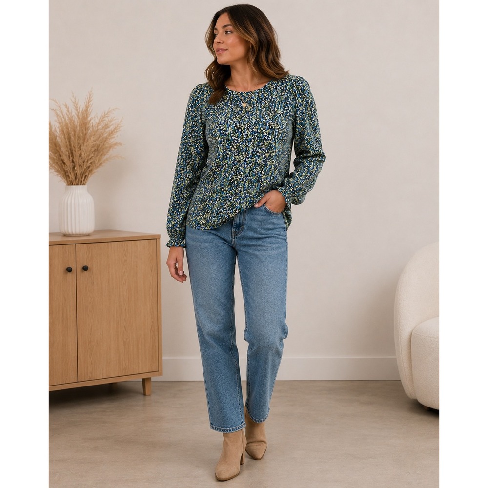 Cloud Chaser Floral Print Smocked Long Sleeve Blouse Tunic Bell Sleeves XL